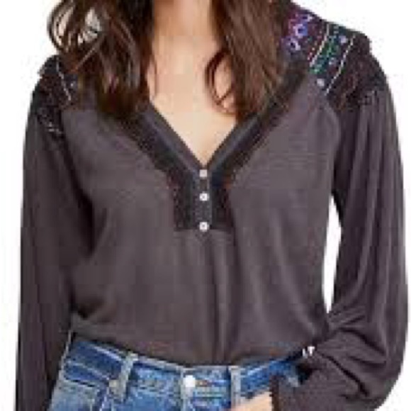 Free People Tops - Free People Siesta Fiesta Embroidered Crochet Top Long Sleeve Boho Medium Gray